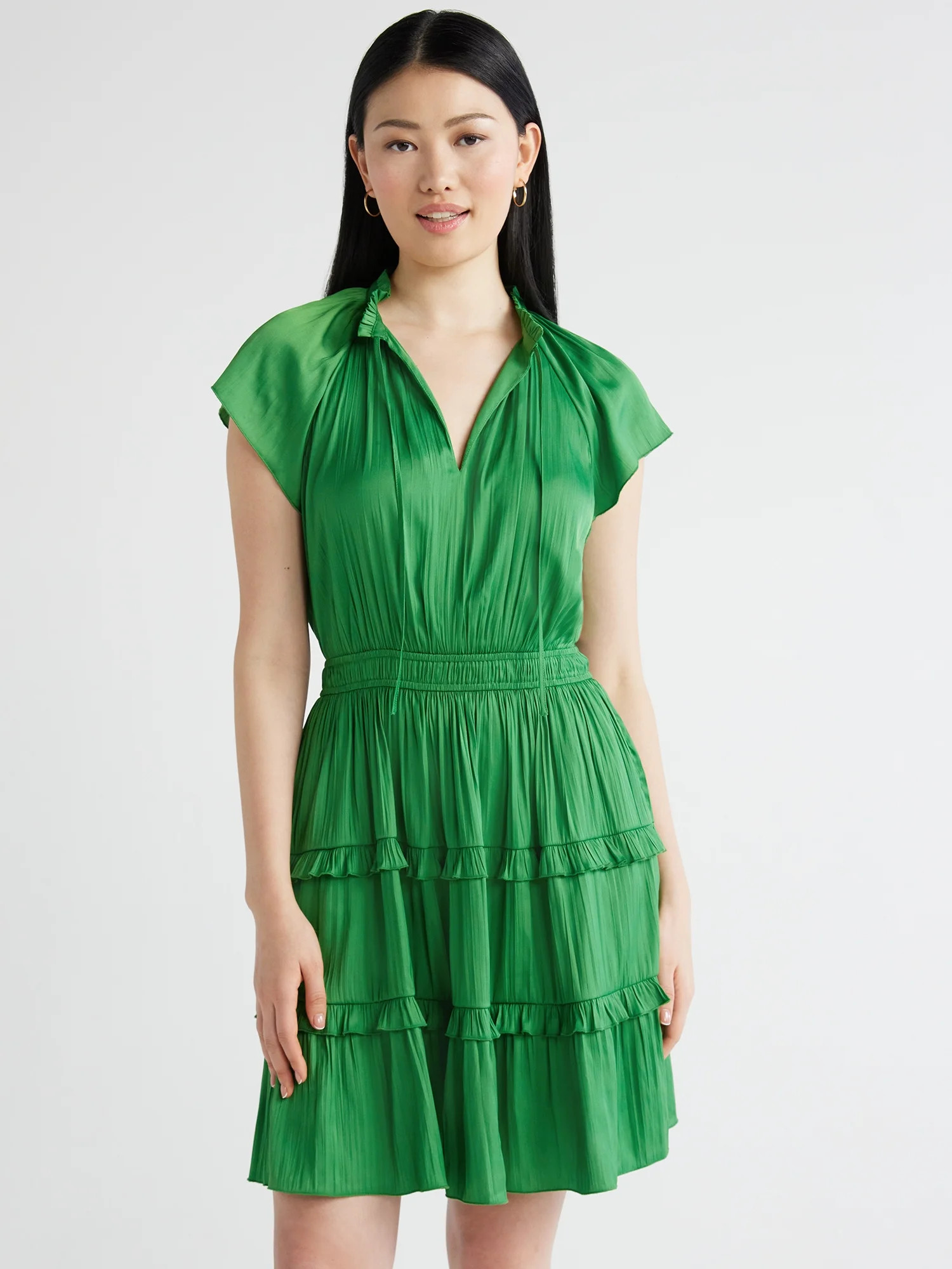 Scoop Women's Satin Mini Ruffle Dress with Cap Sleeves, Sizes XS-4X | Walmart (US)