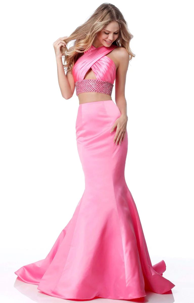 Sherri Hill - 51928 Two Piece Cross Halter Beaded Satin Mermaid Dress | Couture Candy