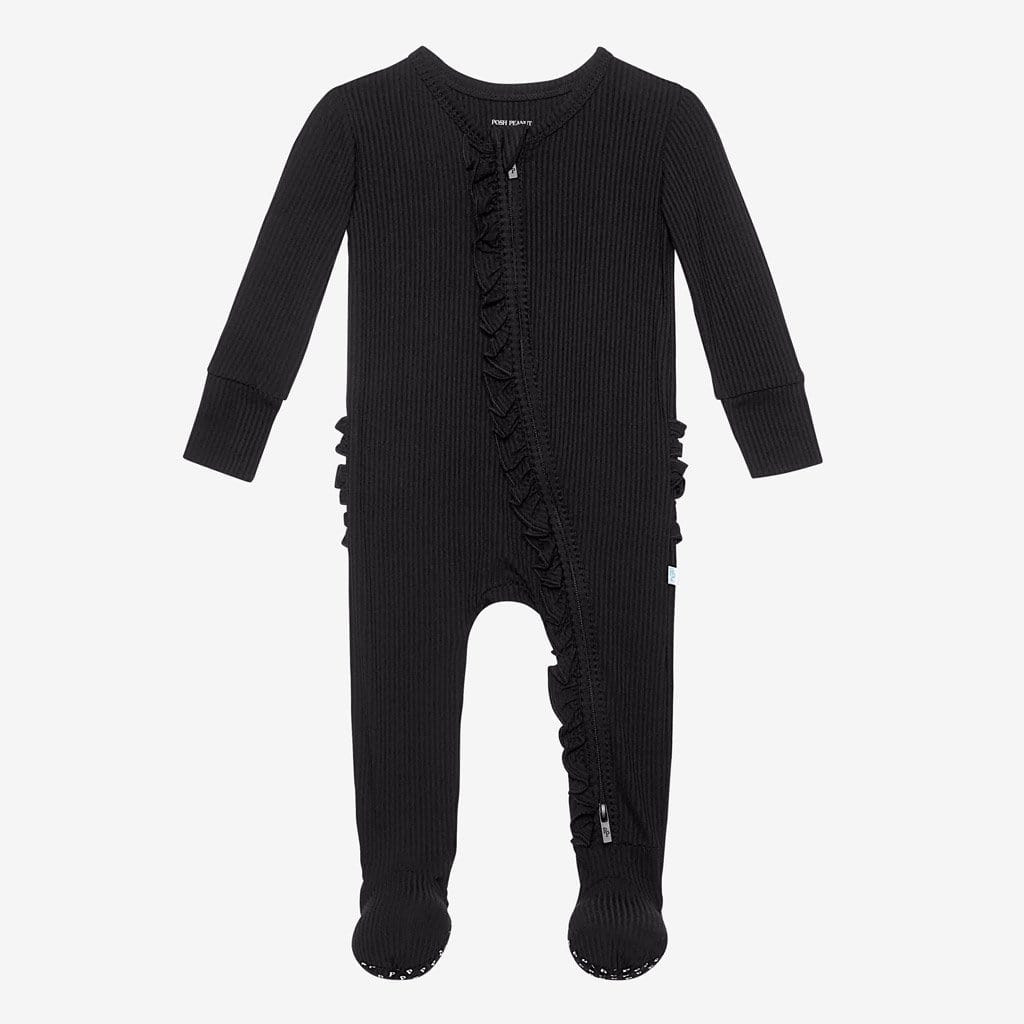 Footie Ruffled Zippered One Piece | Black Ribbed | Baby Girl Sleeper | Posh Peanut