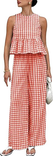 Womens 2 Piece Outfits Sets Gingham Plaid Sleeveless Ruffle Tank Tops and Wide Leg Pants Summer M... | Amazon (US)