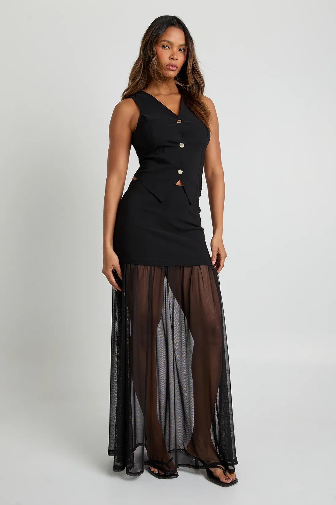 Gold Button Waistcoat And Mesh Insert Skirt Co-Ord | Boohoo.com (UK & IE)