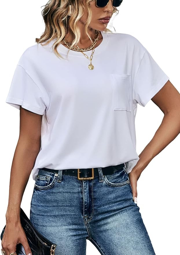 SOLY HUX Women's Short Sleeve Solid Basic T Shirt Drop Shoulder Pocket Summer Tee Tops | Amazon (US)