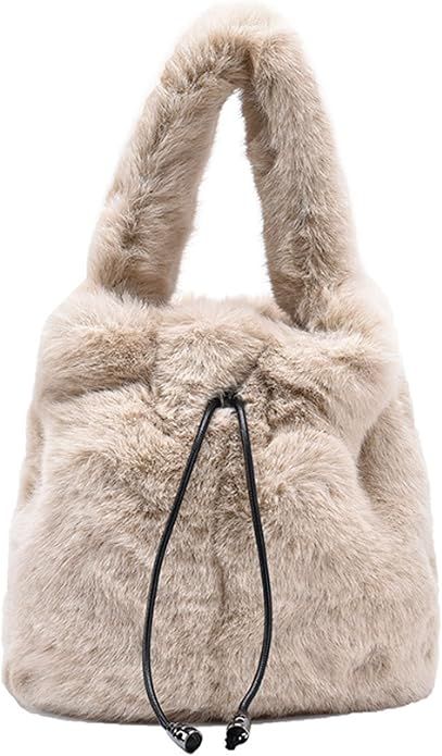 Heidi Women Faux Fur Winter Fashion Shoulder Bag Barrel Shape Drawstring Satchel Purse | Amazon (US)