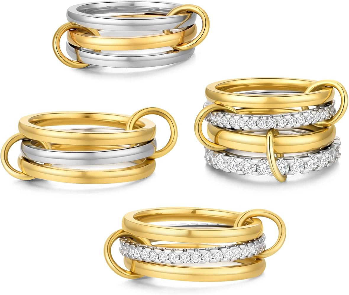 4 Pack Interlocked Stackable Rings for Women - 14K Gold Plated Statement 4 Mixed Metals Multi Rin... | Amazon (US)