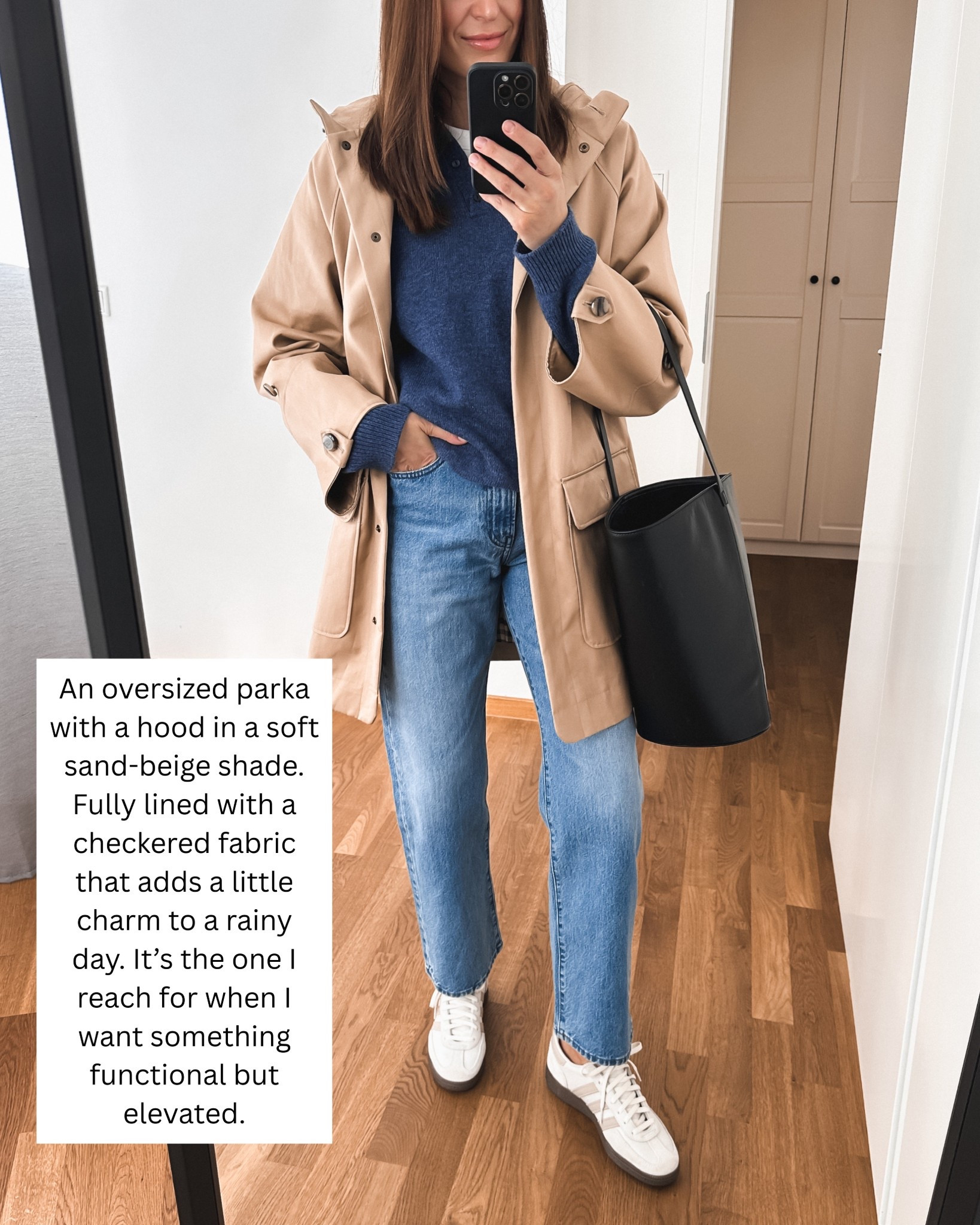 An oversized parka / rain jacket. Very oversized fit, but wearing my usual size 38/M
- Jeans - run big, wearing size 27, length 29
- sweater - sh, linked alternatives 