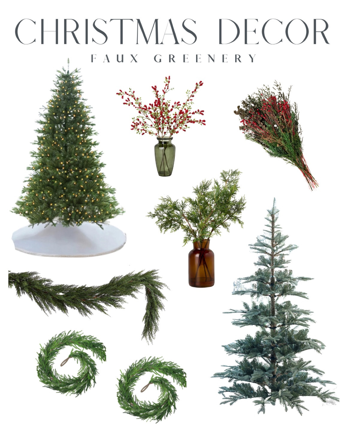 Faux greenery for Christmas I have in our home 🎄
• 8’ pre-lit alpine tree - good for a big room (larger diameter fyi)
• Red berry arrangement - have this on our kitchen counters
• Pack of 4 Norfolk pine garland from Amazon - I have ALL FOUR hung above our kitchen window. You need to layer them.
• Crate & Barrel faux cypress garland - pricier but it looks so goooood on our stairs. Worth the price IMO. 

#LTKHome #LTKHoliday #LTKSeasonal