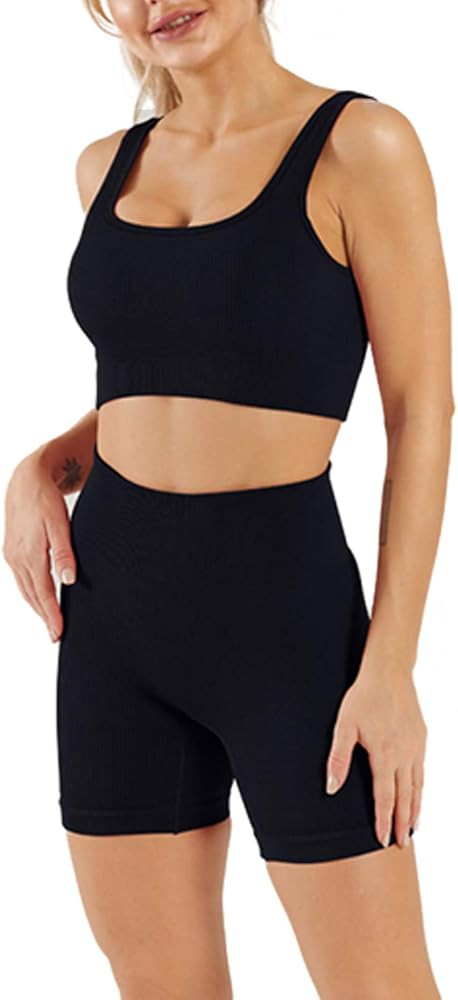 MAXHONG Women Seamless Yoga Workout Outfits Set 2 Piece,Ribbed Tracksuits High Waist Shorts Leggi... | Amazon (US)