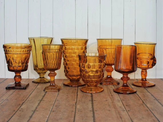 Vintage Mismatched Amber Glass Goblets Wine Glasses Set of 8 Mix and Match Set | Etsy (US)