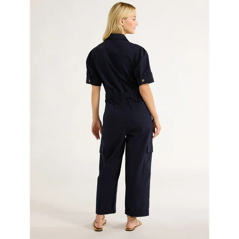 Free Assembly Women’s Cotton Cargo Jumpsuit with Puff Sleeves, 26” Inseam, Sizes XS-XXL | Walmart (US)