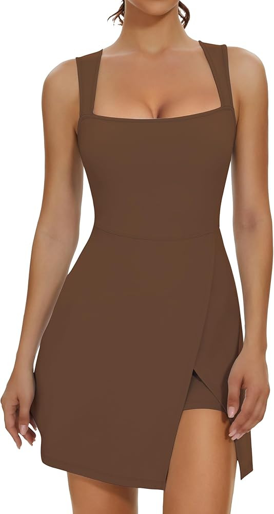 Fengbay Womens Tennis Dress Square Neck Sleeveless Athletic Dress Side Slit Flare Workout Dress | Amazon (US)