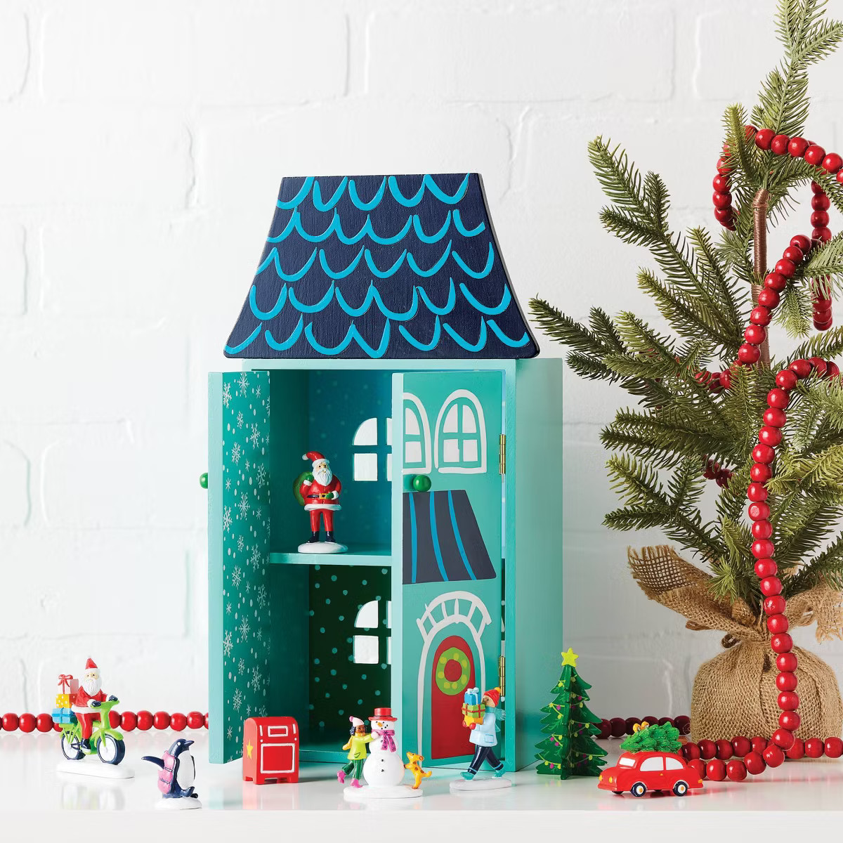 9pc Wood House with Santa and Friends Christmas Figurine Set - Wondershop™ Blue | Target