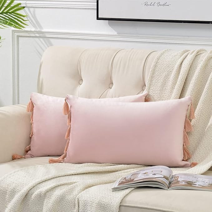 Fancy Homi 2 Pack Blush Pink Lumbar Decorative Throw Pillow Covers 12x20 Inch with Tassels for Li... | Amazon (US)