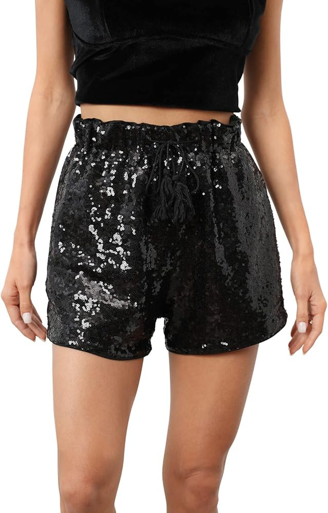 Women's Sequins Shorts High Waist Elastic A Line Sparkly Clubwear Night-Out Shorts | Amazon (US)