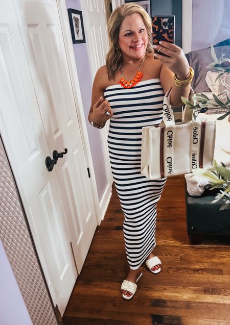 Okay, I can’t lie. When this dress came, I immediately thought “this is going back!” However, once I put it on!! This dress is SO flattering. I cannot get over how slimming and elongating it is! If you are going on Spring Break, spring vacation, or any beach vacation, this would be PERFECT. It’s a pull-on tube dress with a back slit. It’s very stretchy. The material is thick, it holds in what you want held in 😉 
Also, the sandals are 20% off this week!!
Date night dress, Easter dress, resort wear, vacay dress, striped dress, tube dress, Woody Tote, Chloe toteally

#LTKSeasonal #LTKitbag #LTKsalealert