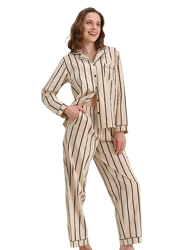 100% Cotton Pajamas for Women 2 Piece PJs Set Long Sleeve Button Down Breathable Woven Sleepwear ... | Amazon (US)