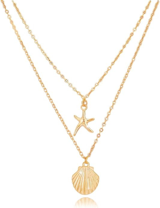 Tgirls Boho Layered Starfish Necklace Seashell Pendant Necklaces Chain for Women | Amazon (US)