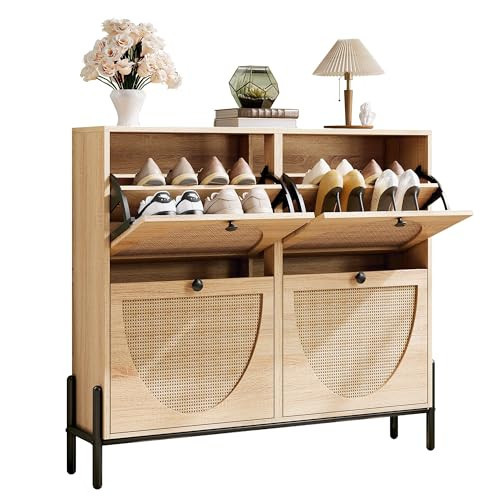 IRONCK Rattan Shoe Cabinet Storage with 4 Flip Drawers, Freestanding Shoe Storage Organizer Cabinet for Entryway, Narrow Shoe Rack Cabinet, Oak | Amazon (US)