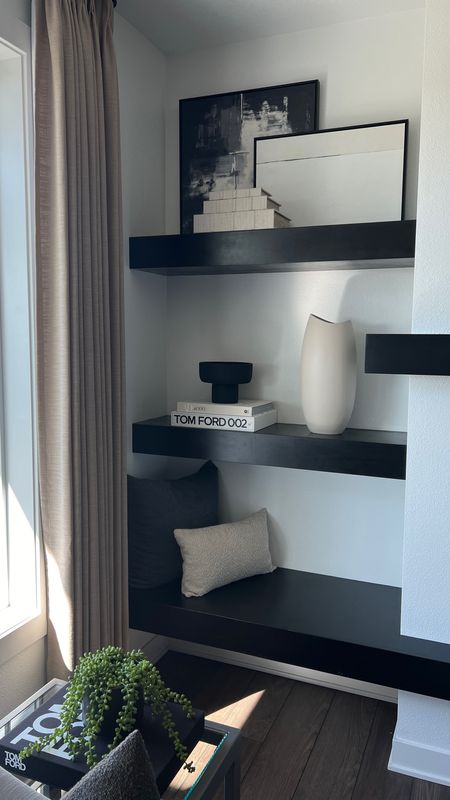 Living room float shelf decor and modern and neutral affordable custom curtains.


#LTKfindsunder50 #LTKhome #LTKstyletip