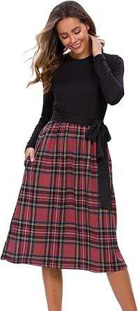 levaca Women's Long Sleeve Pleated Polka Dot Modest Midi Work Casual Belt Dress | Amazon (US)