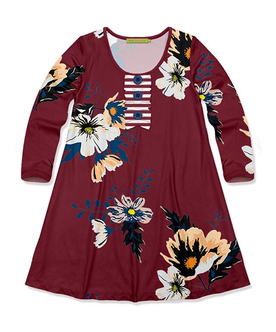 Millie Loves Lily Girls' Casual Dresses - Burgundy Floral Button-Front Shift Dress - Toddler & Girls | Zulily