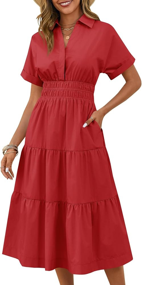 Wenrine Women Summer Short Sleeve V Neck Work Shirt Maxi Dress with Pockets | Amazon (US)