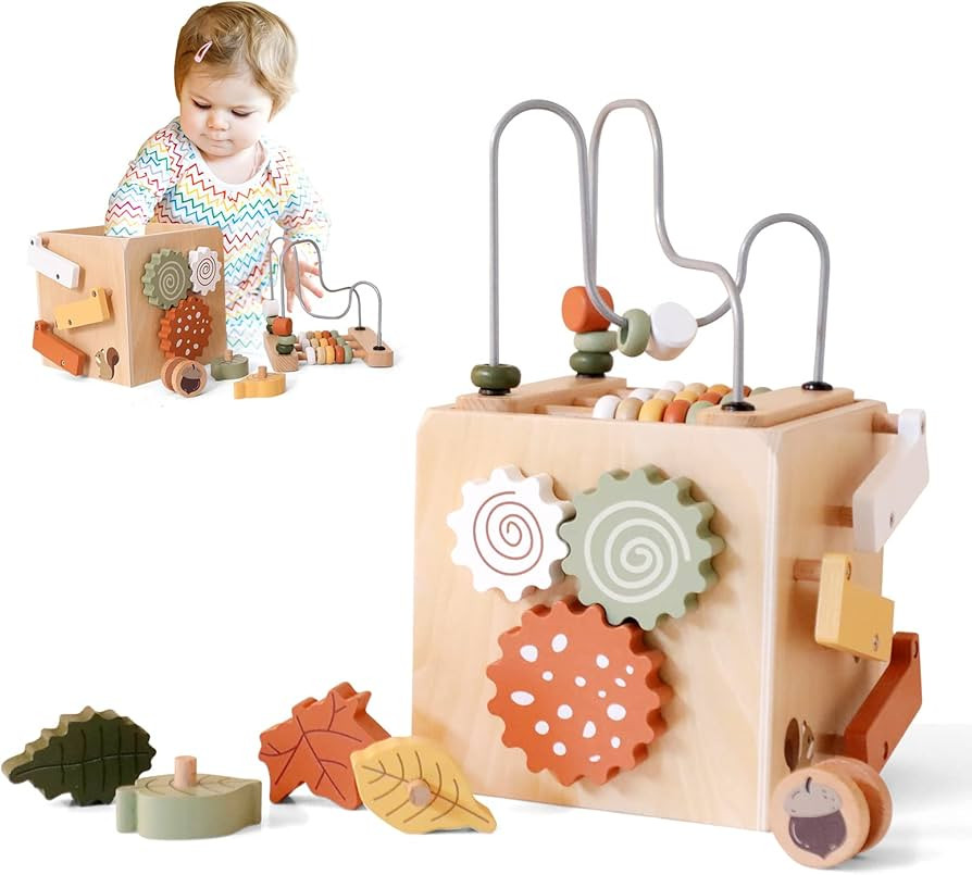 ibwaae 5 in 1 Wooden Activity Cube Play Center Bead Maze Leaves Shape Sorter Learning Montessori ... | Amazon (US)