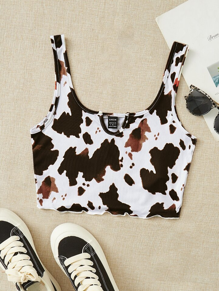 SHEIN EZwear Cow Print Lettuce Trim Tank Top | SHEIN