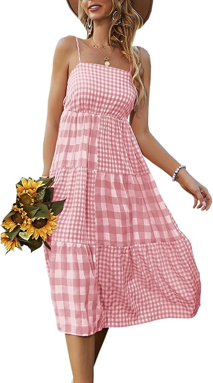 ECOWISH Women Dress Summer Spaghetti Strap Floral High Low Asymmetrical Irregular Hem Casual Plaid L | Amazon (US)