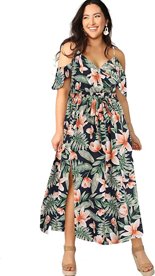 Milumia Women Plus Size Cold Shoulder Floral Maxi Bohemian Split Dress | Amazon (US)