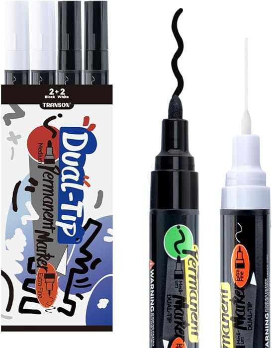 TRANSON 2 Black and 2 White Dual-tip Permanent Paint Markers Oil Based Waterproof | Amazon (US)