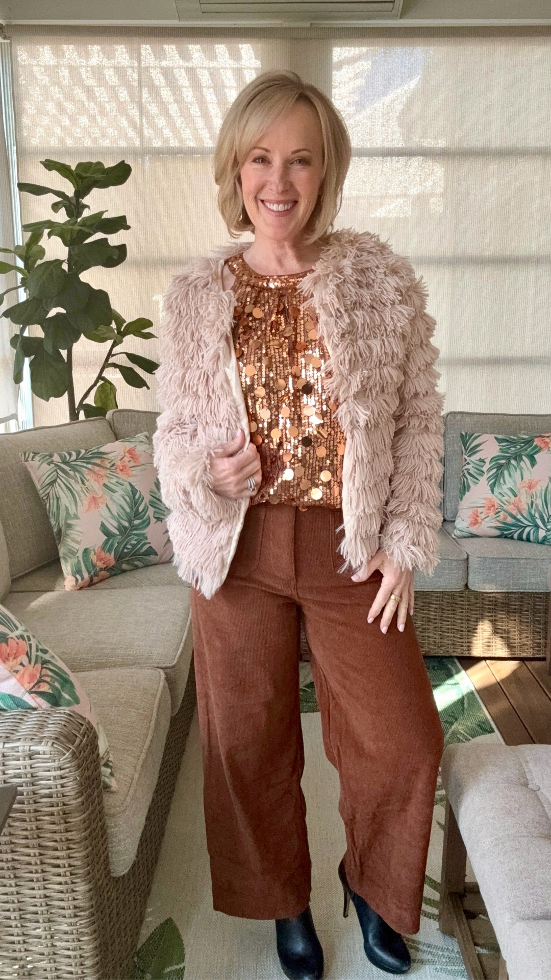 Sometimes you just need to add a little sparkle to your outfit ✨ This head-to-toe Amazon look is so fun for a special occasion or a night out. This sequin top pairs perfectly with these wide leg corduroys for an on-trend chocolate brown moment and makes the whole outfit feel polished and pulled together. I finished it off with my go-to heeled ankle booties, gold drop earrings, and this shaggy jacket that makes the whole outfit pop. Shop my look! 🤎

#LTKFindsUnder50 #LTKootd #LTKPetite