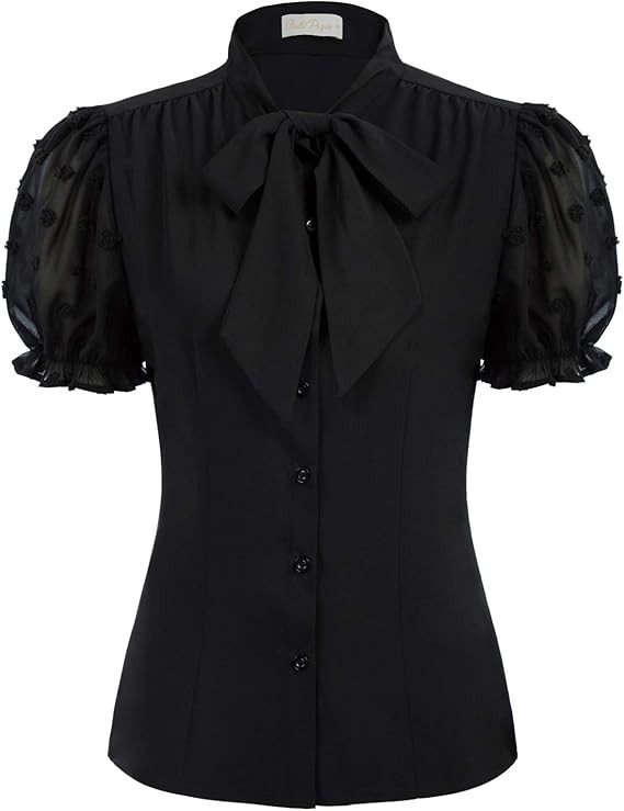 Belle Poque Summer Short Sleeve Office Button Down Blouse Stripe Shirt Tops with Bow Tie BP573 | Amazon (US)