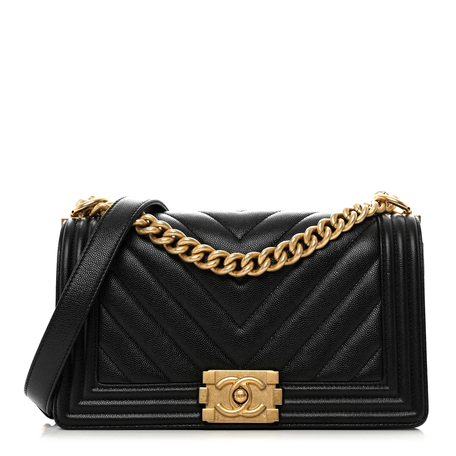 Caviar Chevron Quilted Medium Boy Flap Black | FASHIONPHILE (US)