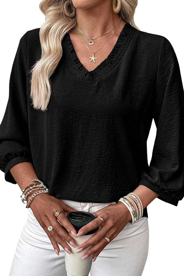 SHEWIN Women Smocked Neck Tops 3/4 Sleeve Loose Fit Shirts Business Dressy Casual 2026 | Amazon (US)