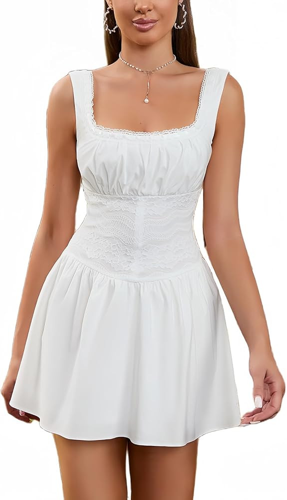 HTZMO Square Neck Lace Ruched Y2k Short Dress Backless Zipper Ruffle Hem Casual Party Slip Mini S... | Amazon (US)