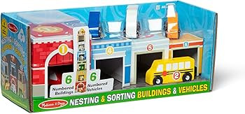 Melissa & Doug Nesting and Sorting Blocks - 6 Buildings, 6 Wooden Vehicles - FSC Certified | Amazon (US)