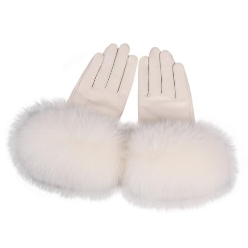BOONJOVIA Women Genuine Lambskin Leather Gloves With Real Fox Fur Trim Cuff Winter Warm Driving Gloves-Velvet Lined (Beige, Medium) | Amazon (US)
