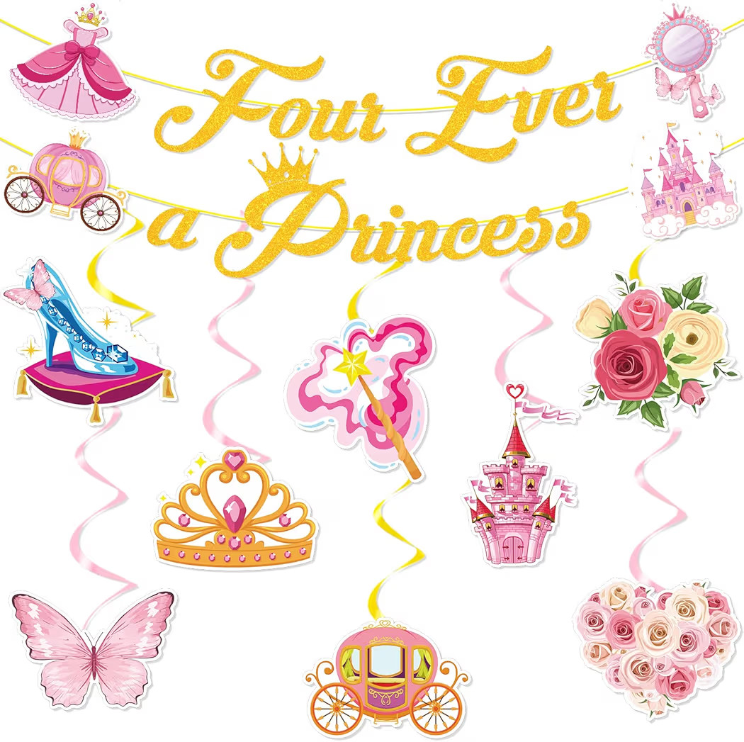 Four Ever a Princess Birthday Decorations, 10PCS Princess 4th Banners Bday Party Decoration Girl ... | Amazon (US)
