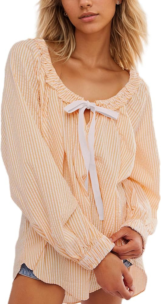 Women Casual Striped Dressy Blouses Long Sleeve Scoop Neck Bow Tie Front Oversized Spring Summer ... | Amazon (US)