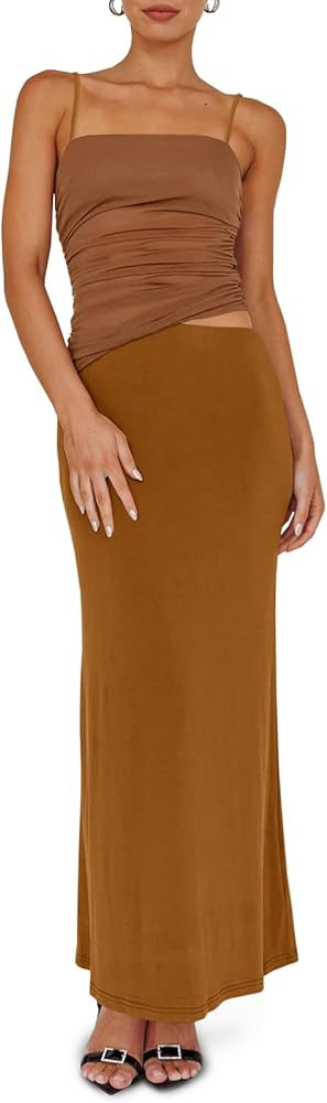 Fisoew Womens 2 Piece Skirt Dress Set Summer Sheer Mesh Ruched Camisole Tops Maxi Skirts Sexy Bod... | Amazon (US)