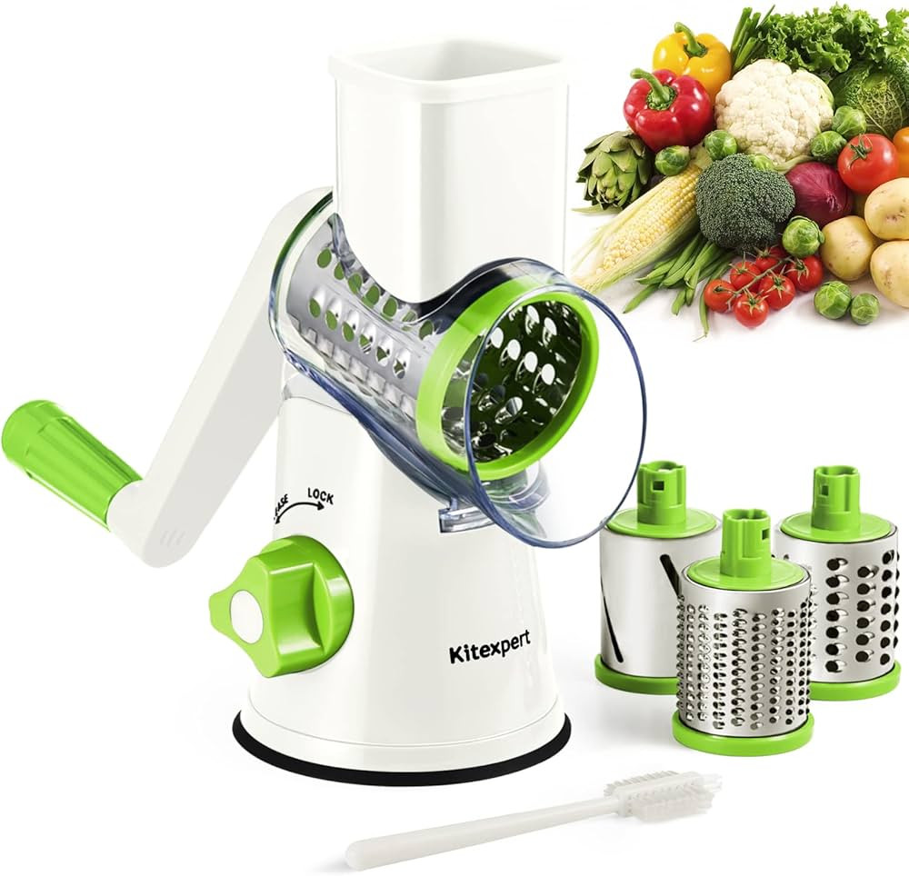 KITEXPERT Cheese Grater with Handle, Manual Cheese Shredder with 3 Interchangeable Blades, Rotary... | Amazon (US)