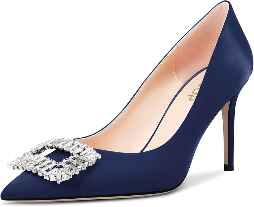 OISEGOP Womens High Heel Pointed Toe Pumps Slip-on Buckle Rhinestone Crystal Prom Dress Satin 3.2... | Amazon (CA)