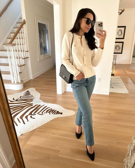 Kat Jamieson wears a classic outfit. Denim, jeans, cardigan, Chanel pumps, slingbacks, Thanksgiving outfit, fall style, fall outfit, holidays. 

#LTKworkwear #LTKSeasonal #LTKHoliday