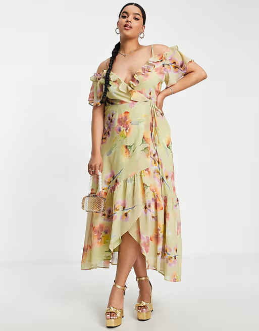Hope & Ivy Plus cold shoulder ruffle maxi dress in sage floral | ASOS (Global)
