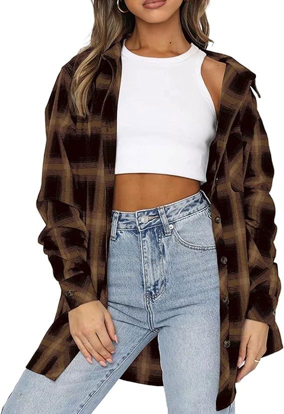 Zontroldy Womens Flannel Plaid Shirts Oversized Long Sleeve Button Down Buffalo Plaid Shirt Blous... | Amazon (US)