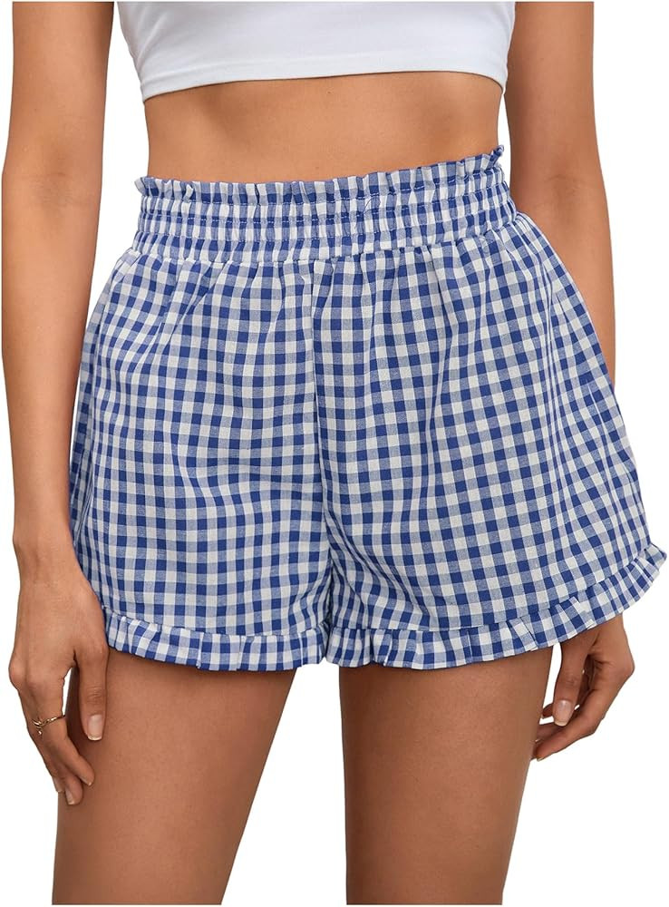 MakeMeChic Women's Gingham Ruffle Lounge Shorts Elastic High Waist Pajamas Boxer Shorts | Amazon (US)