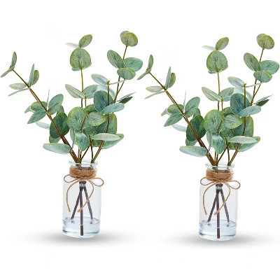 13'' Artificial Eucalyptus Stems in Vase with Faux Water, Faux Eucalyptus Plant with Double-Sided Green Leaves, for Shelf, Desk, Bathroom,Green(2PCS) | Target
