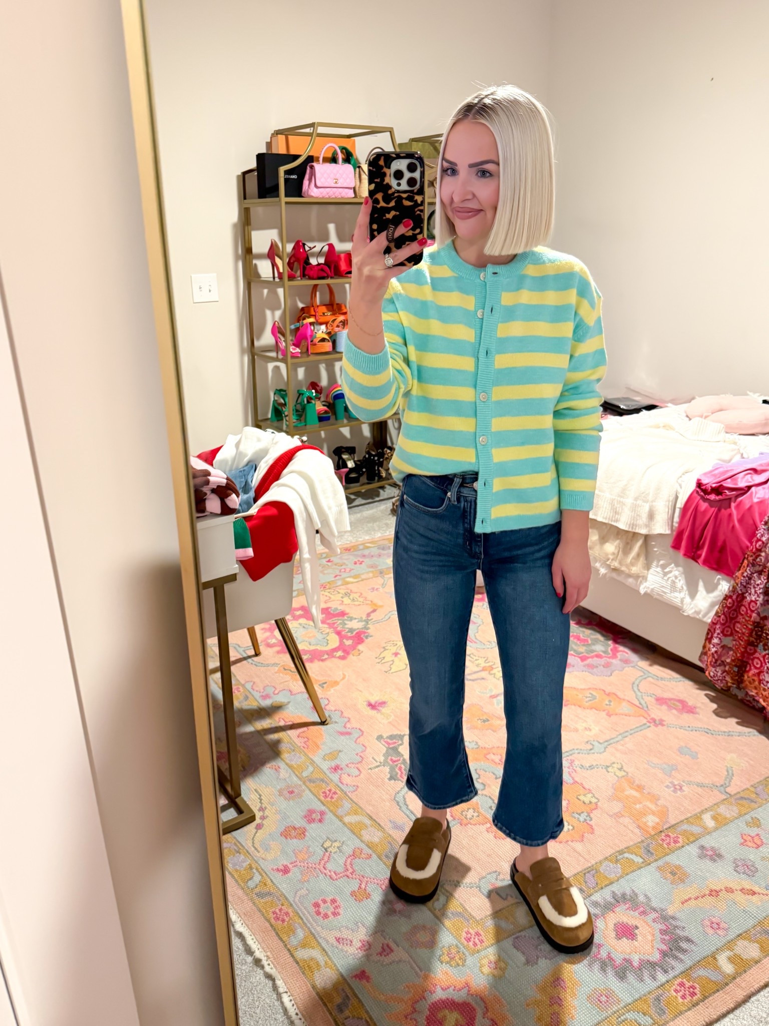 Cardigan XS, jeans 24 short, Sherpa mules size 7 