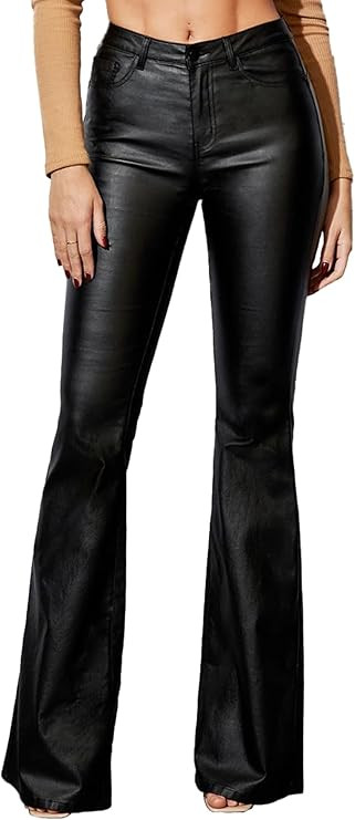 Women's Faux Leather Coated Flare Pants Mid Waist PU Skinny Black Leggings Bell Bottom Pants with... | Amazon (US)