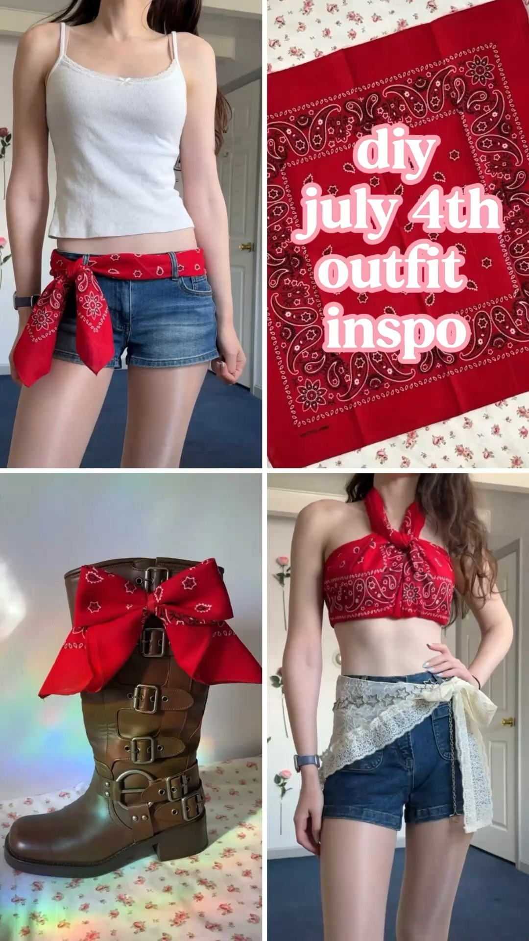 diy #july4th outfit ideas 🇺🇸 

here’s a compilation of the bandana crafts I did so far! Love that there’s no cutting or sewing involved - I made a belt, a bow, and a top. Maybe I’ll make that necklace this weekend - if you need slower tutorials for anything they’re all on my page! 💕

♥️ boots: @Dream Pairs 
♥️ shorts/lace scarf: @Cider (c0de WELLERMEGS15) 
♥️ white tank: @pacsun 
♥️ strapless bra: @VertVie 

#fashionhacks #summercrafts #4thofjulyoutfit #summeroutfitinspo

#LTKootd #LTKgrwm #LTKSeasonal